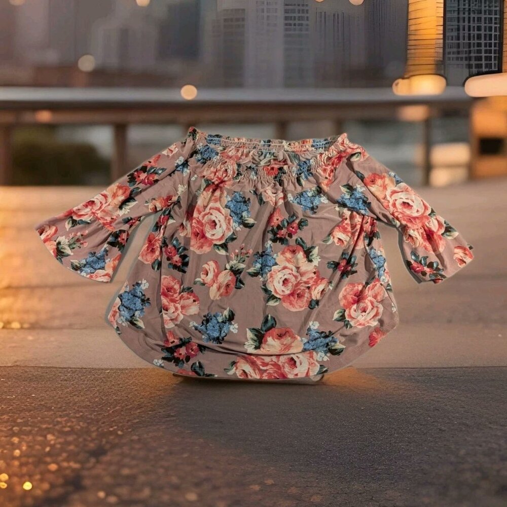 Threads Studio Pink  Floral Peasant 3/4 Sleeve Blouse Top Women's Large